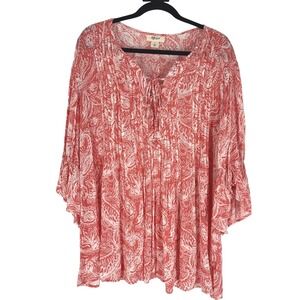 Style & Co L Coral Paisley Blouse Boho Flowy Tie Neck Peasant Top